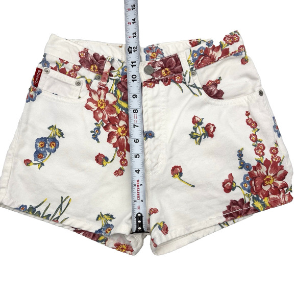 Vintage 80s 90s BONGO White & Floral Print Denim High Rise Mom Shorts Jr 1 25x2" - Picture 9 of 14